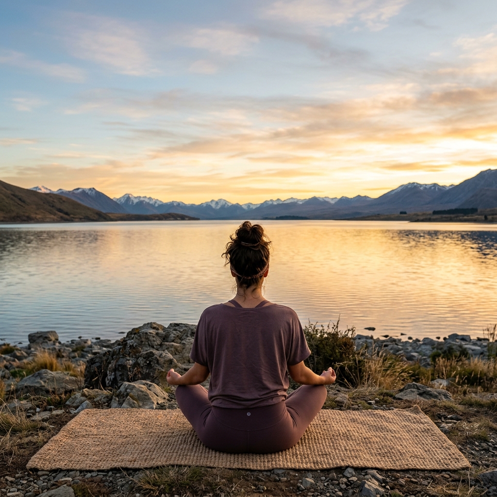 Mulher meditando ao pôr do sol